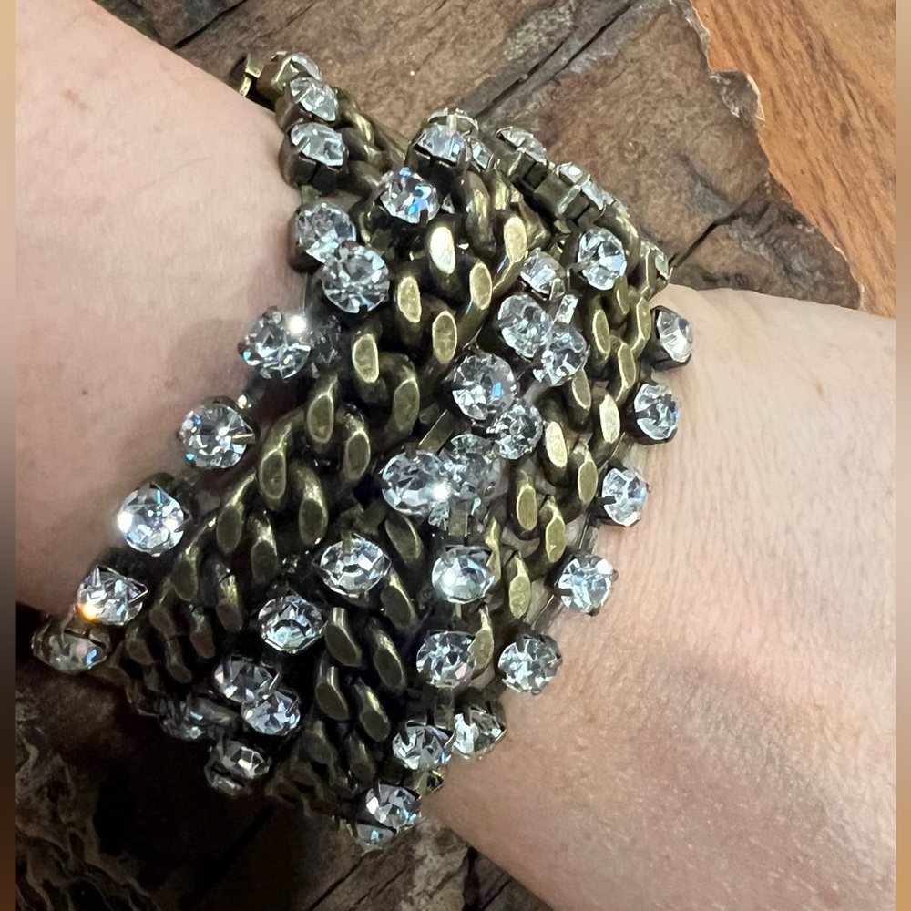 Banana Republic Brass Bracelet Clear Rhinestones Chains Wrap Punk 6.5-7.5”